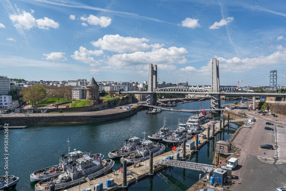 Cityscape with the river and Pont de Recouvrance in Brest, Brittany, France Cityscape with the river and Pont de Recouvrance in Brest, Brittany, France