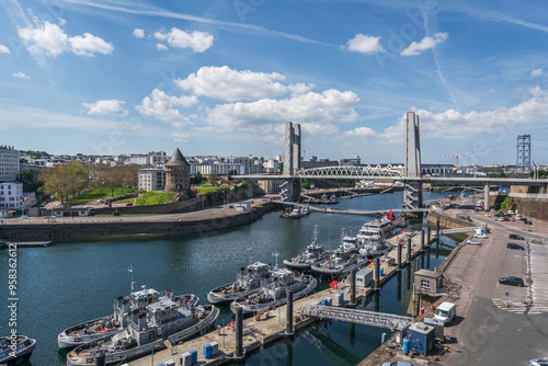 Cityscape with the river and Pont de Recouvrance in Brest, Brittany, France