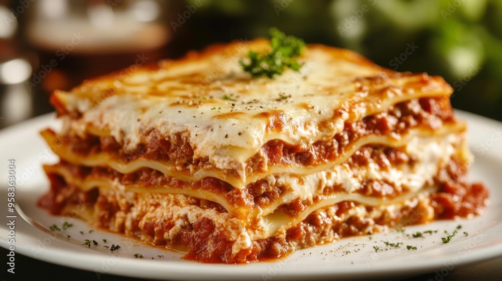 A close-up of a classic Italian lasagna with layers of pasta, meat sauce, and chamel, elegantly presented on a white plate to showcase its hearty and comforting appeal. A close-up of a classic Italian lasagna with layers of pasta, meat sauce, and chamel, elegantly presented on a white plate to showcase its hearty and comforting appeal.