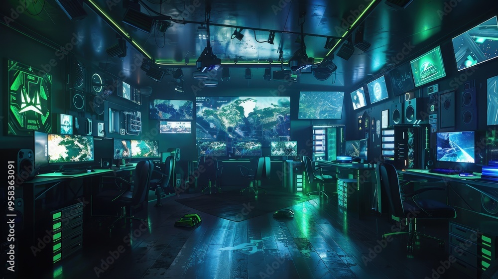 Show a design for an advanced gaming setup with the latest technology tools. Show a design for an advanced gaming setup with the latest technology tools.