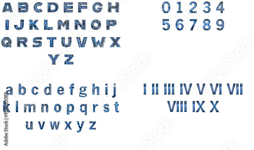 Alphabet Black background with blue lightning Vector alphabet and numbers, various fonts, transparent background, PNG file for typographic design