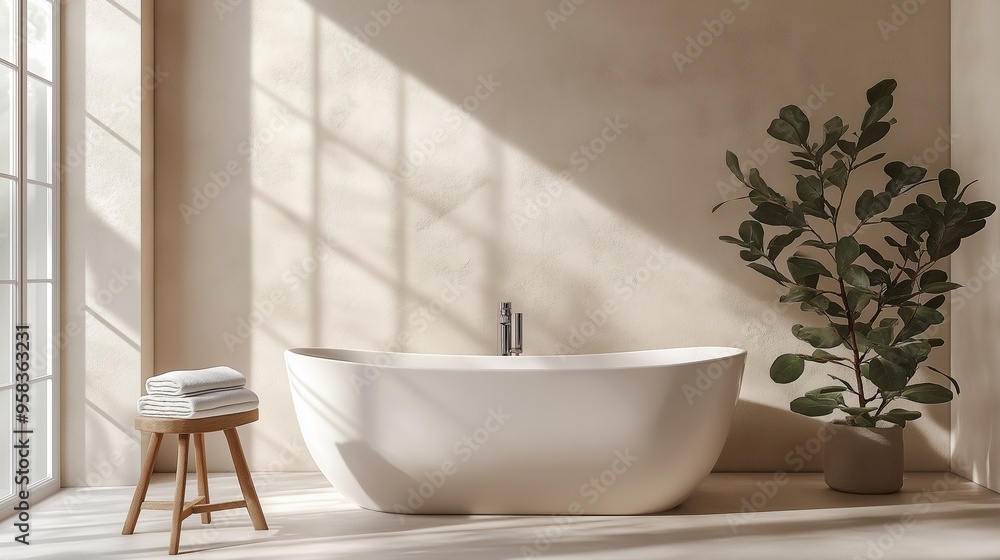 Fototapeta premium A minimalist bathroom featuring a freestanding white bathtub, wooden stool with a folded towel, and a large window allowing soft natural light
