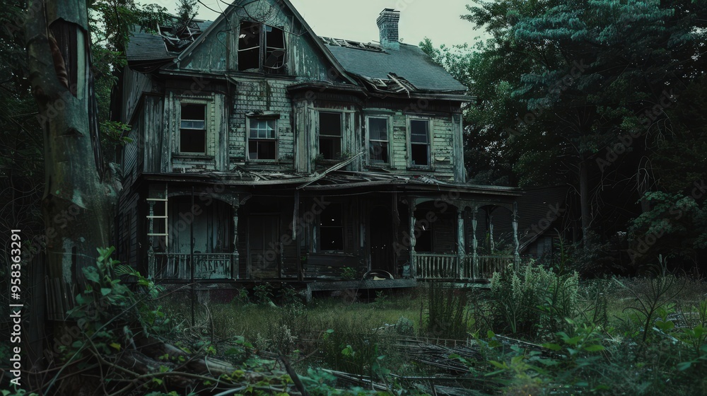 Show a dilapidated house in a state of disrepair, with broken windows and a crumbling structure. Show a dilapidated house in a state of disrepair, with broken windows and a crumbling structure.