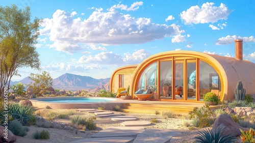 Sustainable earthship home in desert landscape  with a focus on the innovative design and integration with the surrounding arid environment photo