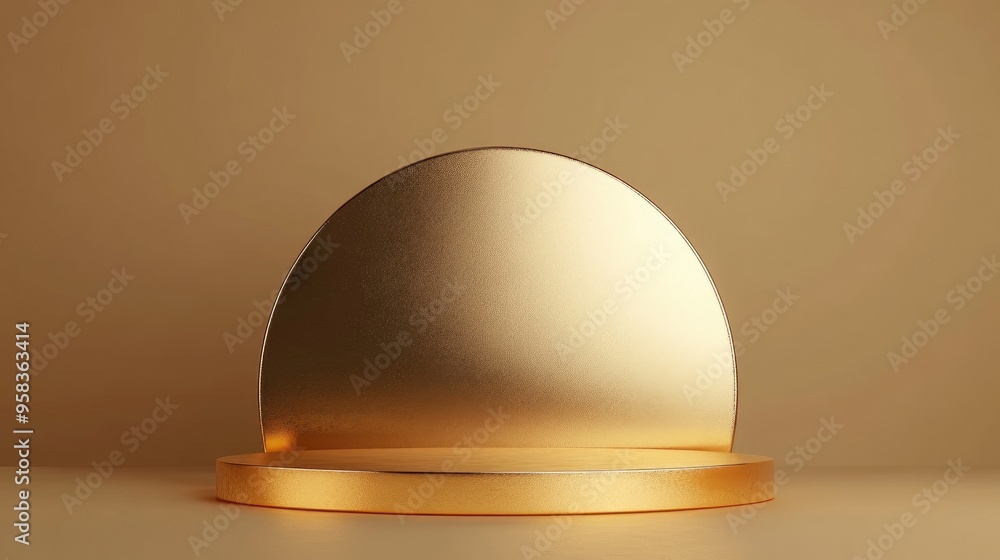 Elegant abstract gold podium within a hemisphere shell characterized by a minimalist and refined 3D design Elegant abstract gold podium within a hemisphere shell characterized by a minimalist and refined 3D design