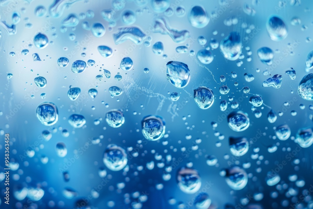 Water drops falling making splashing bubbles on blue background Water drops falling making splashing bubbles on blue background