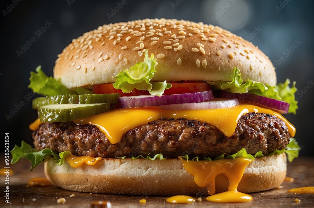 A close-up view of a cheeseburger with a sesame seed bun, beef patty, melted cheese, lettuce, tomato, and other toppings A close-up view of a cheeseburger with a sesame seed bun, beef patty, melted cheese, lettuce, tomato, and other toppings