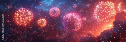 A stunning display of fireworks spreading across the starry sky, creating a dazzling and awe-inspiring scene filled with vibrant explosions and twinkling stars.