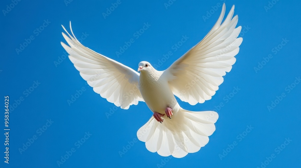 A white dove in mid-flight, its wings flapping gracefully against a bright blue sky. A white dove in mid-flight, its wings flapping gracefully against a bright blue sky.