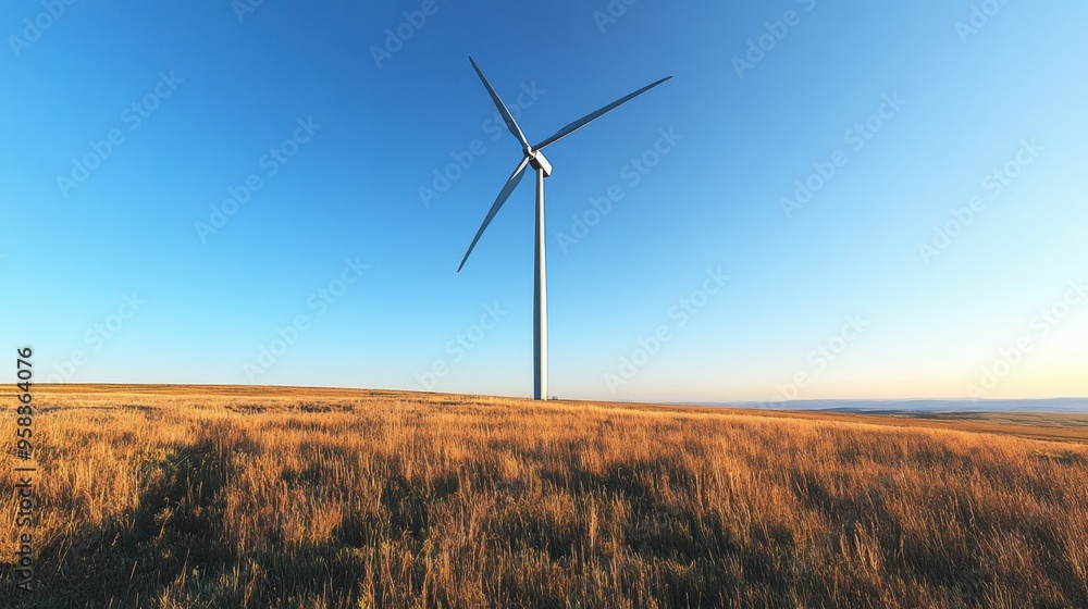 Obraz premium A wind turbine with its massive blades turning slowly against a clear blue sky in an open field.