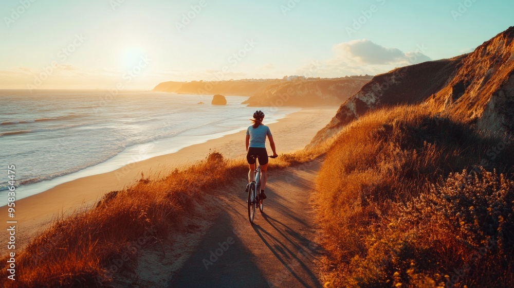A peaceful sunset ride along the scenic beach. The golden light reflects on the ocean waves. This vibrant photo captures the joy of outdoor biking. Ideal for nature lovers. AI A peaceful sunset ride along the scenic beach. The golden light reflects on the ocean waves. This vibrant photo captures the joy of outdoor biking. Ideal for nature lovers. AI