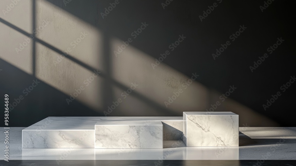 Abstract 3D space featuring a realistic setup with one pedestal and two square marble white podiums The scene includes a sleek glass and dark background creating a minimalistic stage ideal for pro Abstract 3D space featuring a realistic setup with one pedestal and two square marble white podiums The scene includes a sleek glass and dark background creating a minimalistic stage ideal for pro