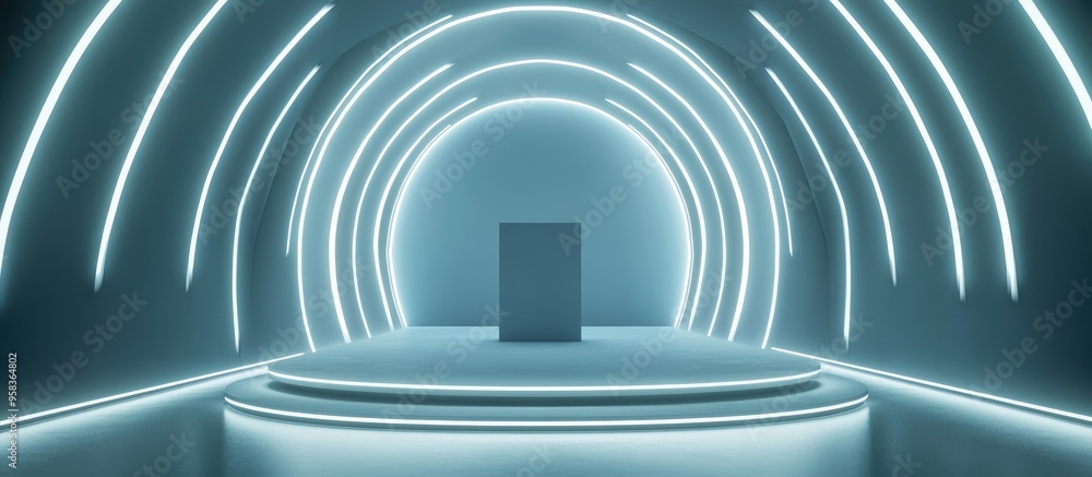 3D visualization of a futuristic product display background featuring a scientific podium illuminated by white neon lights 3D visualization of a futuristic product display background featuring a scientific podium illuminated by white neon lights