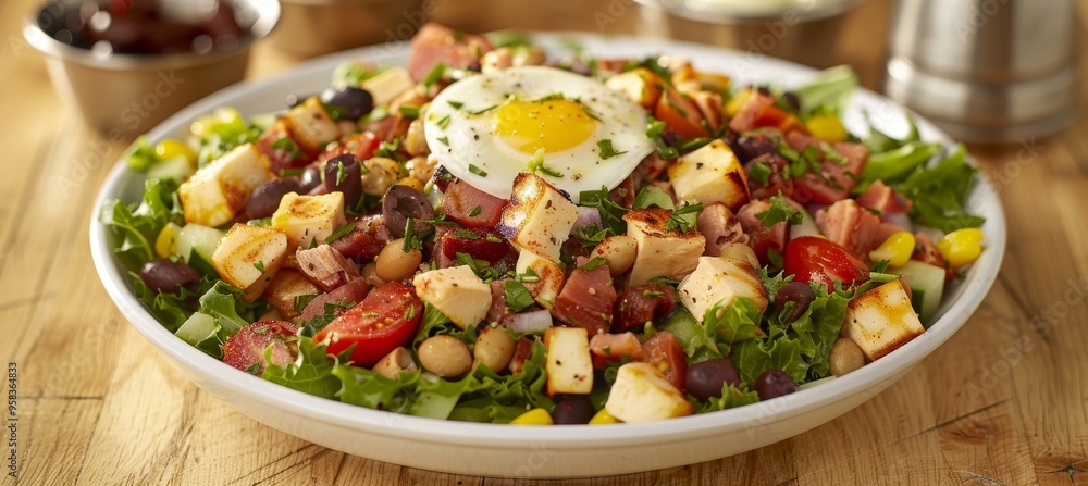 Delicious Grilled Halloumi Cheese and Bacon Salad with a Fried Egg A Refreshing Summer Meal Delicious Grilled Halloumi Cheese and Bacon Salad with a Fried Egg A Refreshing Summer Meal