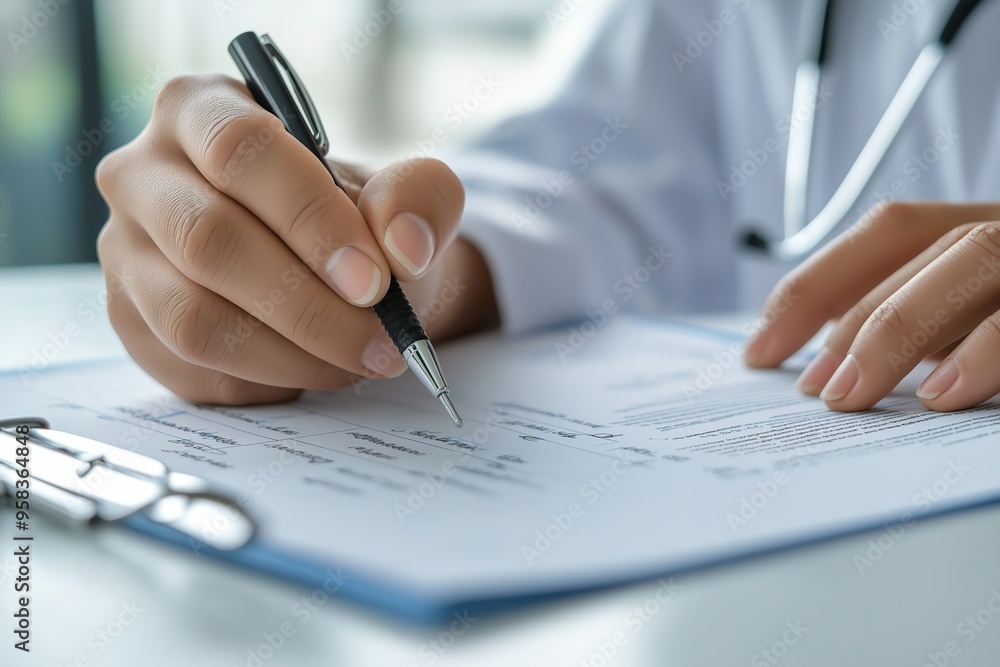 A close-up of a doctor's hand writing in a medical chart with a pen, featuring a stethoscope in the background A close-up of a doctor's hand writing in a medical chart with a pen, featuring a stethoscope in the background