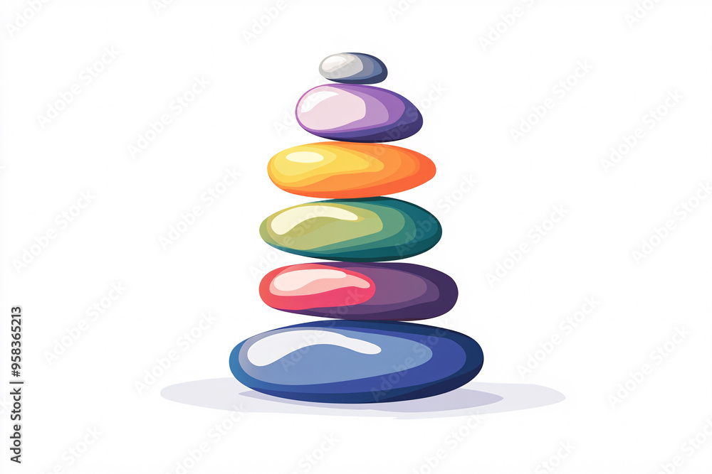 A stack of rainbow-colored smooth stones, artistically arranged from largest to smallest, set on a white background A stack of rainbow-colored smooth stones, artistically arranged from largest to smallest, set on a white background
