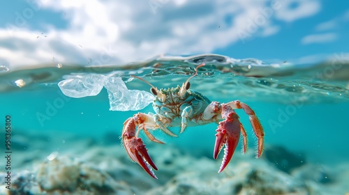 Crustacean feeding on particles in polluted waters, unknowingly consuming microplastics, highlighting the pervasive threat. photo