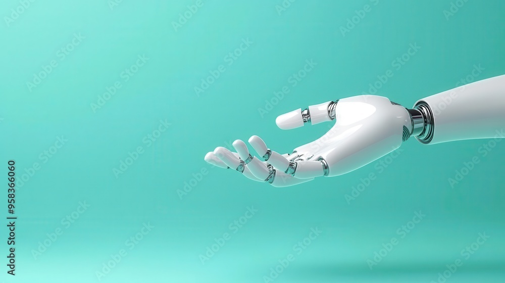 Shiny metallic robot hand reaching out, 3d render illustration, isolated on teal background, technology innovation concept Shiny metallic robot hand reaching out, 3d render illustration, isolated on teal background, technology innovation concept