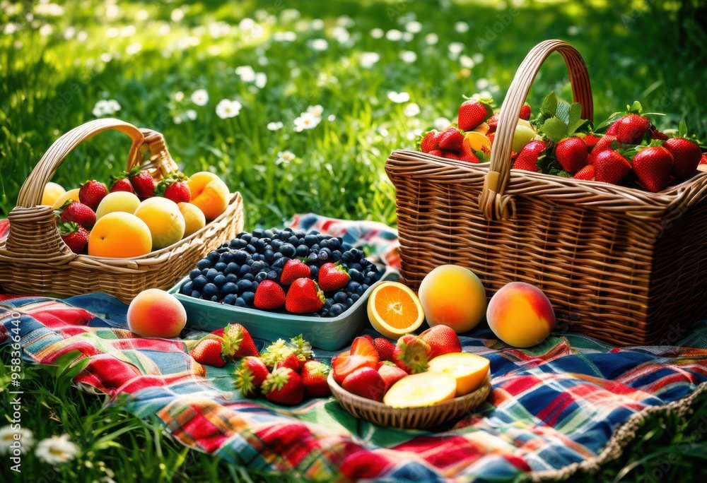 colorful picnic scene featuring vibrant seasonal fruits displayed brightly patterned blankets, apple, banana, berry, orange, grape, watermelon, peach colorful picnic scene featuring vibrant seasonal fruits displayed brightly patterned blankets, apple, banana, berry, orange, grape, watermelon, peach
