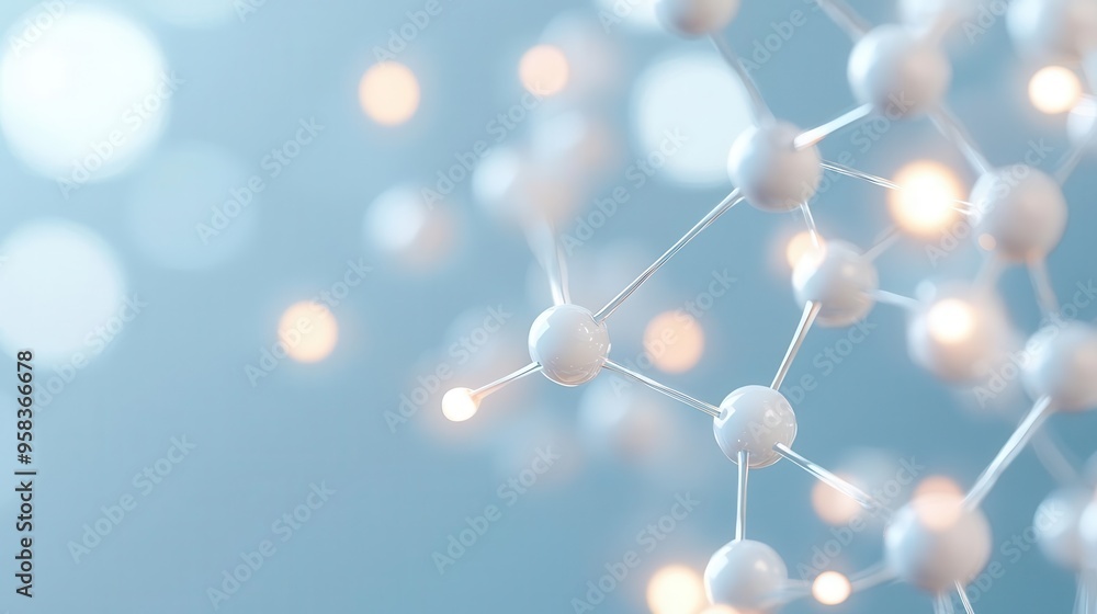 Abstract molecule structure with glowing bonds in a 3D render, set against a navy background, embodying the essence of scientific research. Abstract molecule structure with glowing bonds in a 3D render, set against a navy background, embodying the essence of scientific research.