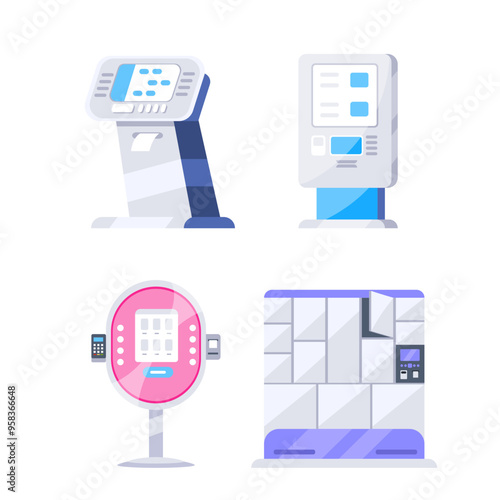 Collection of self service electronic payment machines with touch screen, pos terminal, ticket machine, and automated lockers.