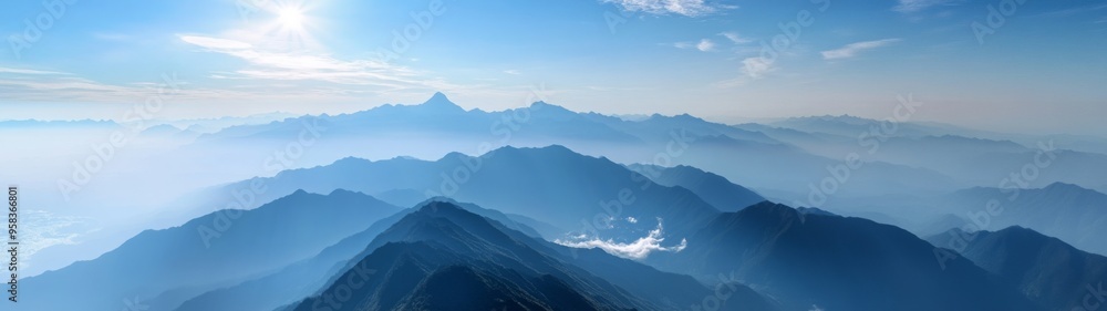 Fototapeta premium Blue mountains in mist with sky, panoramic landscape