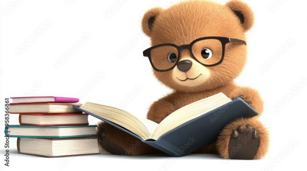 Cute teddy bear wearing glasses reads a book. Cute teddy bear wearing glasses reads a book.