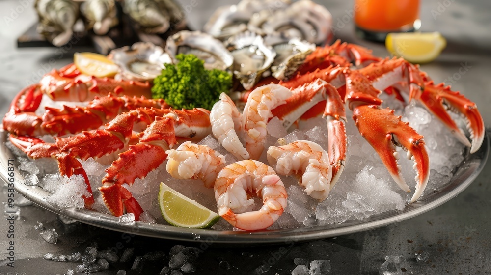 Show a luxurious seafood platter with an array of fresh oysters, crab legs, and shrimp, beautifully presented on a bed of crushed ice. Show a luxurious seafood platter with an array of fresh oysters, crab legs, and shrimp, beautifully presented on a bed of crushed ice.