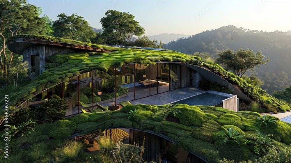 Picture of Show a luxury home with an eco-friendly design, including a green roof ...