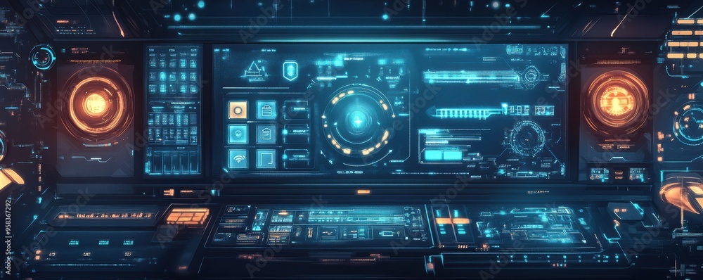 Fototapeta premium Futuristic smart home control interface with digital screens, holographic displays, and advanced technology in a sleek design showcasing advanced home automation and connectivity features.