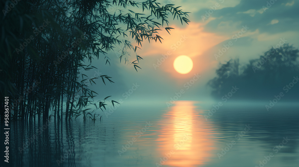 Fototapeta premium Landscape with bamboo. Chinese banner concept design. Mid Autumn Festival background