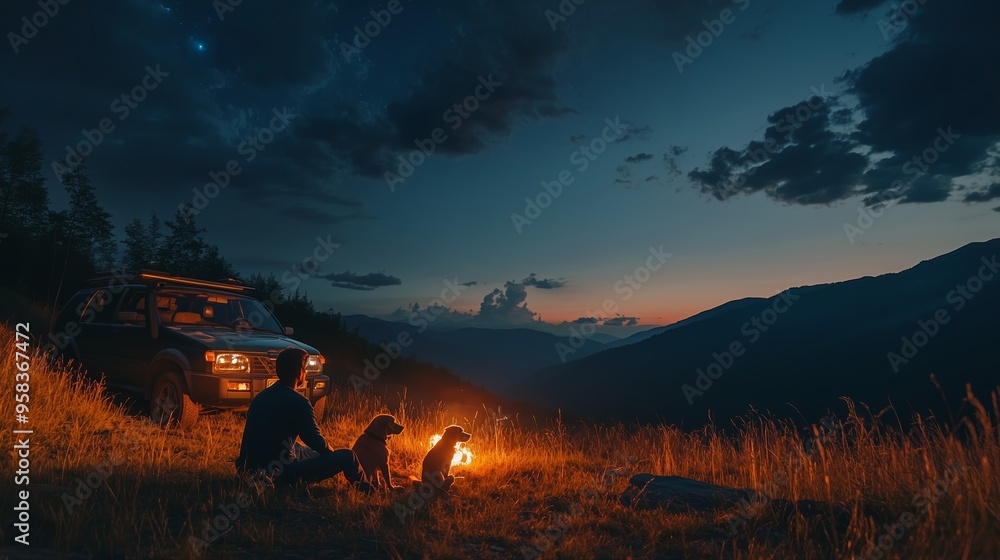 A person and two dogs enjoy a campfire night in the mountains, surrounded by twilight and the beauty of nature A person and two dogs enjoy a campfire night in the mountains, surrounded by twilight and the beauty of nature