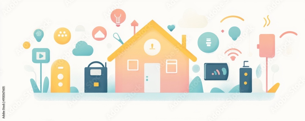 Flat design illustration of a smart home concept with technology icons for automation and modern living Flat design illustration of a smart home concept with technology icons for automation and modern living