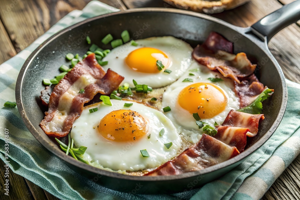 A delicious combination of crispy bacon and a sunny-side-up egg in a frying pan, perfect for a hearty breakfast. A delicious combination of crispy bacon and a sunny-side-up egg in a frying pan, perfect for a hearty breakfast.