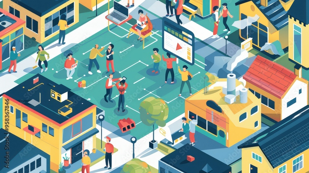 Show a neighborhood hackathon where participants collaborate on technology projects aimed at solving local challenges. Show a neighborhood hackathon where participants collaborate on technology projects aimed at solving local challenges.