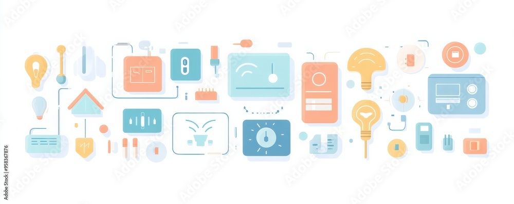 Flat design illustration of smart home technology with connected devices and innovative gadgets in light pastel colors Flat design illustration of smart home technology with connected devices and innovative gadgets in light pastel colors