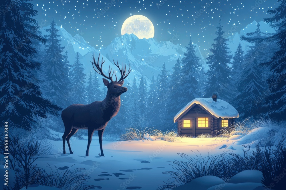 A lone deer stands in a snowy forest with a cabin lit up in the distance under a full moon A lone deer stands in a snowy forest with a cabin lit up in the distance under a full moon