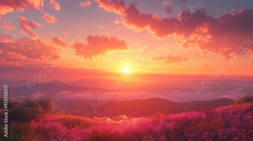 A stunning sunset over a vibrant landscape, with blooming flowers and soft clouds illuminating the sky in shades of pink and orange.