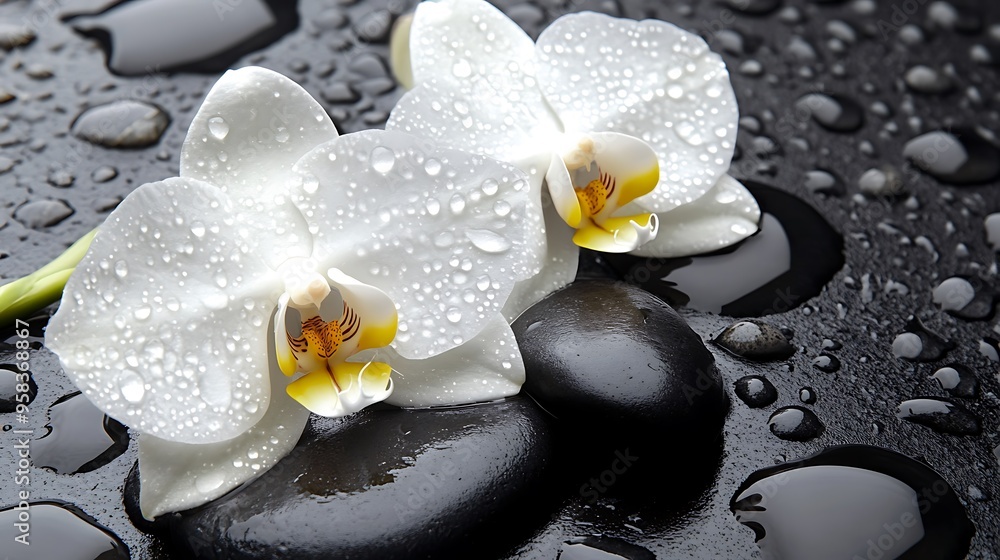 White Orchids with Dew Drops on Black Stones White Orchids with Dew Drops on Black Stones