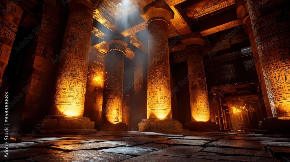 Ancient Egyptian temple complex, hieroglyphs and colossal statues in a ...