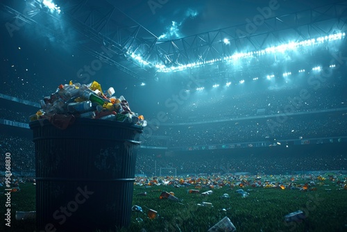 Overflowing Trash Can in a Lit Stadium After a Game