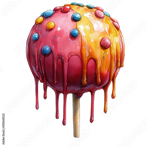 A colorful candy apple coated in bright icing, dripping with sweetness and adorned with vibrant sprinkles, perfect for dessert lovers. photo