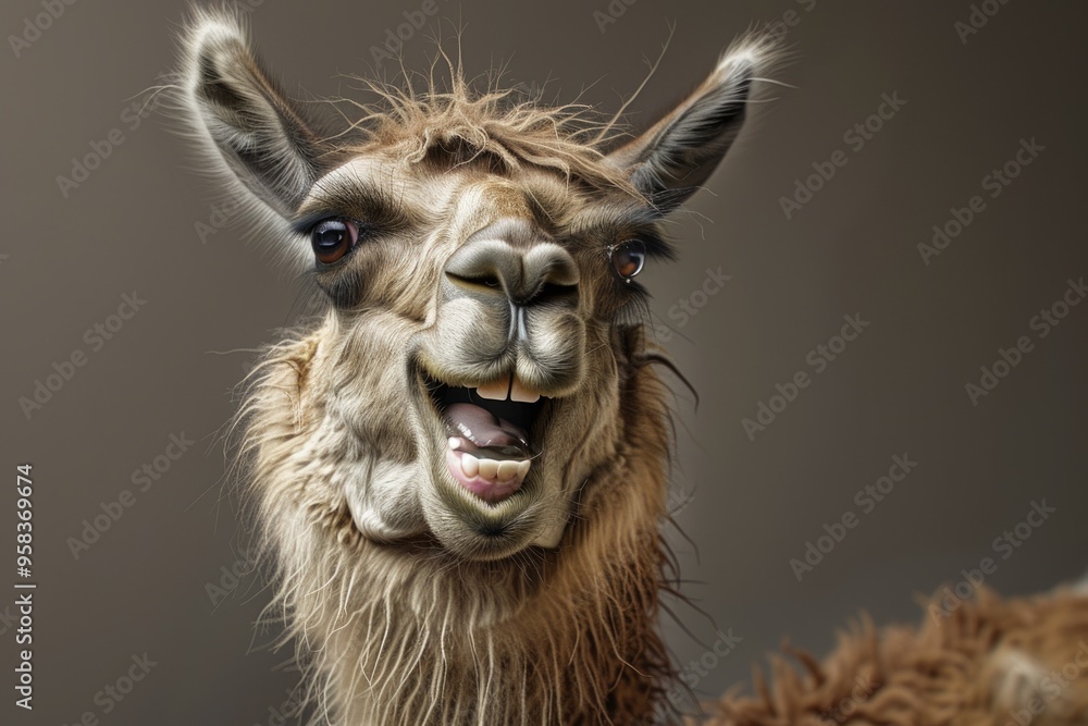 Fototapeta premium Humorous Cartoon Llama with Big Eyes and Goofy Smile on Yellow Background