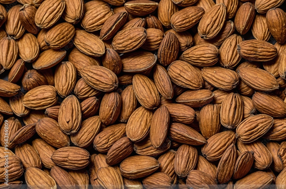 Close-up of a pile of shelled almonds, showing their brown, textured skin and elongated shape Close-up of a pile of shelled almonds, showing their brown, textured skin and elongated shape