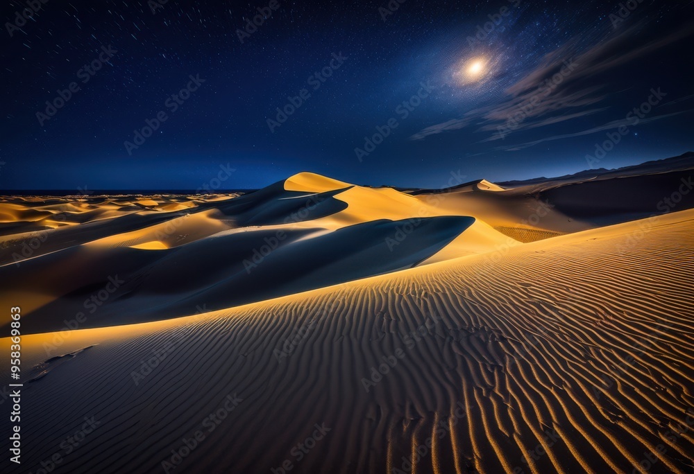 Naklejka premium vibrant sand dunes illuminated sparkling night sky filled stars celestial wonders, landscape, desert, shadows, light, moon, scenery, beauty, terrain, nature