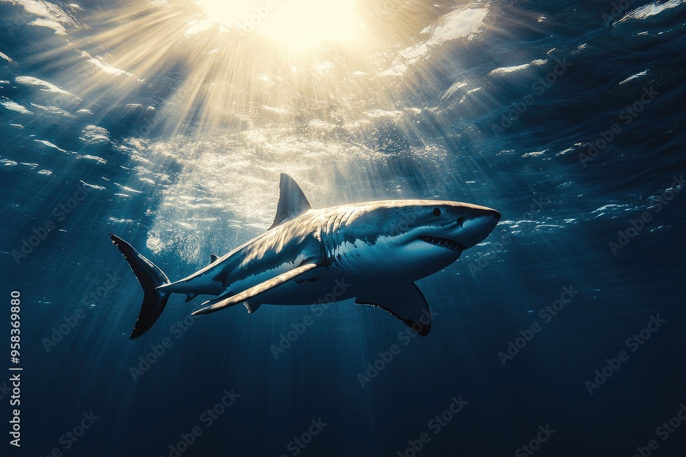 Fototapeta premium A majestic shark swims gracefully in crystal clear waters, illuminated by mesmerizing sunlight beams from above.