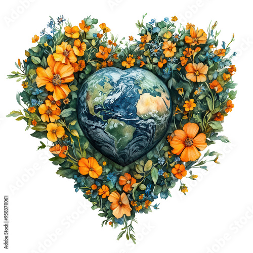 A heart-shaped arrangement of vibrant flowers surrounds a globe, symbolizing love for the planet and nature's beauty. photo