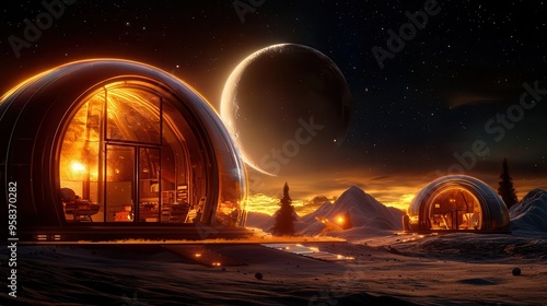 Modular moon base, expandable lunar architecture  captured in a bright, futuristic setting with lunar terrain and modular, expandable structures designed for human habitation