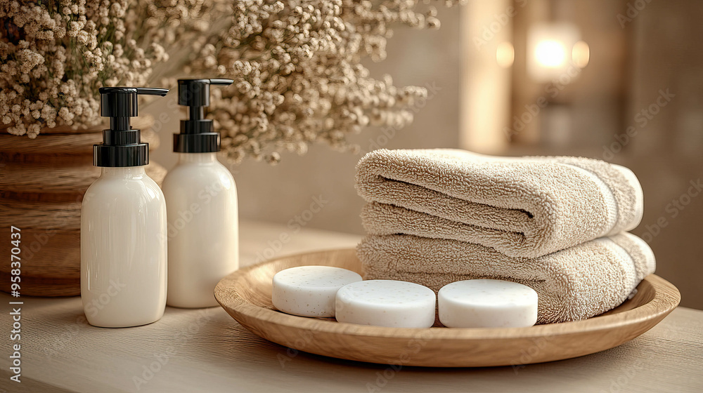 Handmade soap bars and a bottle of liquid soap lying next to white towels on a bathroom background, evoking a feeling of relaxation and freshness.
Handmade soap bars and a bottle of liquid soap lying next to white towels on a bathroom background, evoking a feeling of relaxation and freshness.