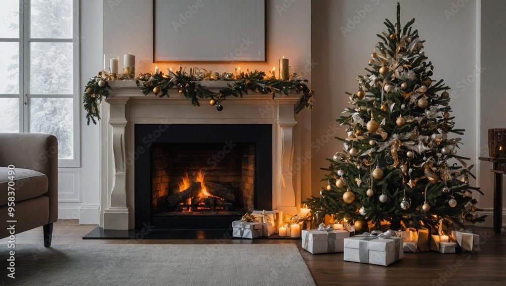 Christmas Tree With Decorations Near A Fireplace Christmas Tree With Decorations Near A Fireplace